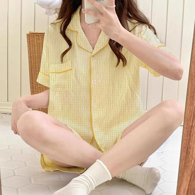 Летняя женская пижама, комплект домашней одежды, облачная хлопковая пижама, яркий комплект домашней одежды для девочек с короткими рукавами и принтом в клетку