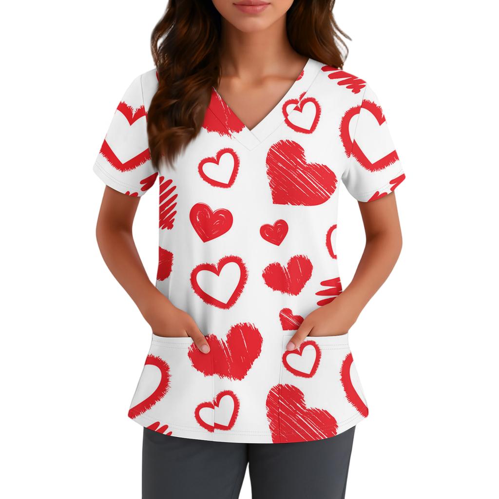 Женская милая блузка с принтом бантиков, рабочая одежда, V-образный вырез, двойной слой, карманы, базовая, с коротким рукавом, пуловер