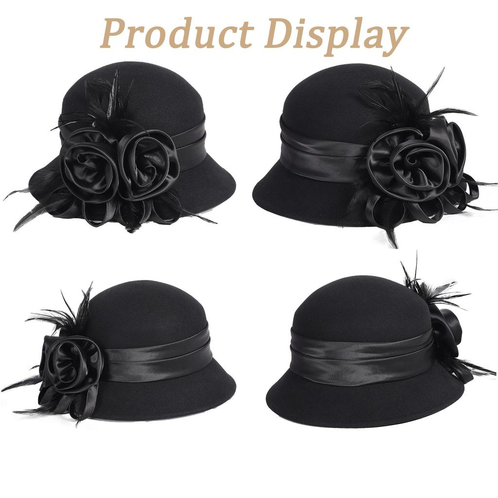 Vintage 1920s Wool Cloche Hat Black Elegant Floral Feather Church Fascinator Hat Derby Dress Hat with Satin Rose Embellishment