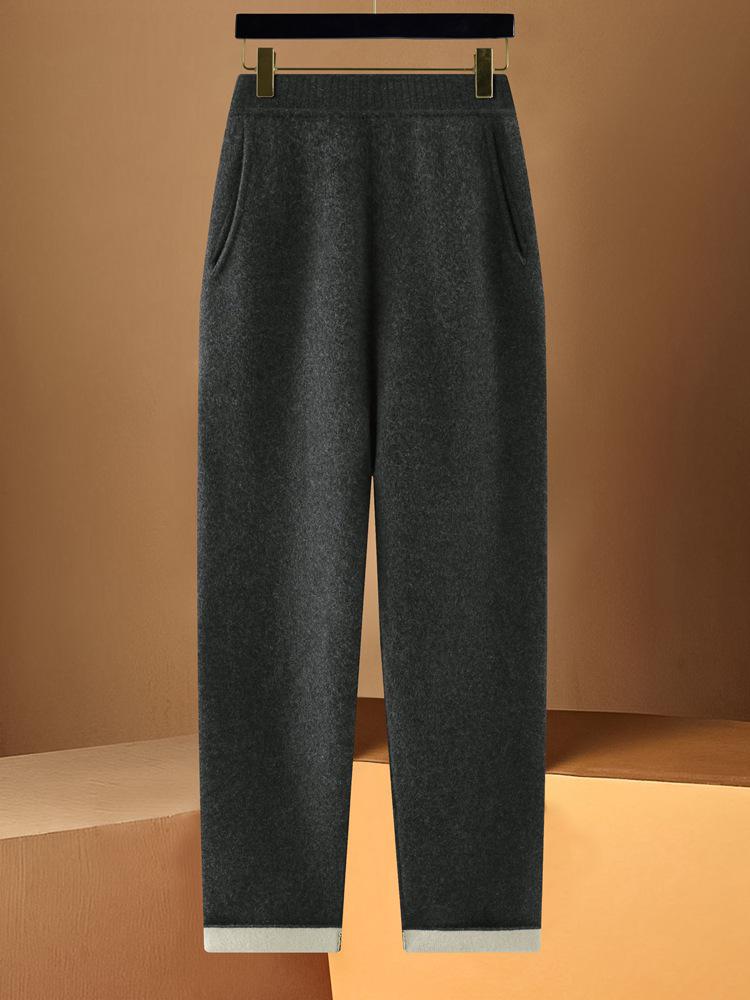 100% Wool High Waist Slimming Knit Pants: Fashionable Solid Color Elastic Skinny Pants for Women, Autumn Winter Collection