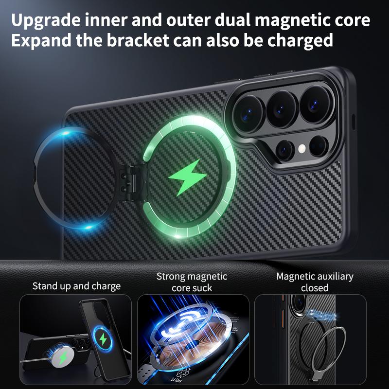 360° Вращающаяся подставка Магнитный чехол с узором под карбон для Samsung S26 Ultra S25 S24 Plus S23 S22 Ударопрочный Прочный чехол
