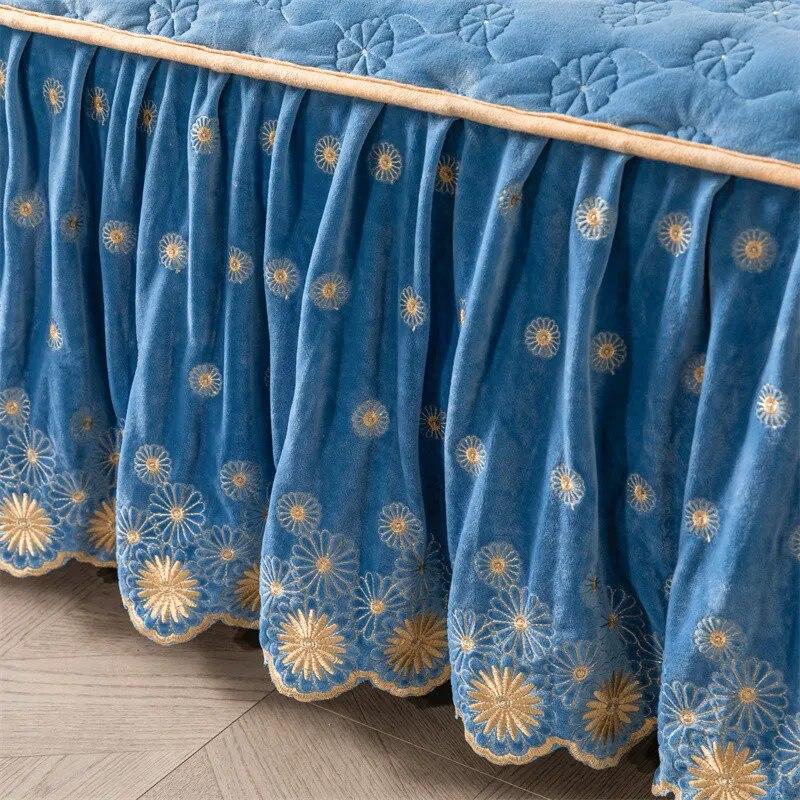 Бархатное покрывало с вышивкой, мягкое покрывало королевского размера, зимняя толстая юбка для королевской кровати с 2 наволочками, домашнее постельное белье