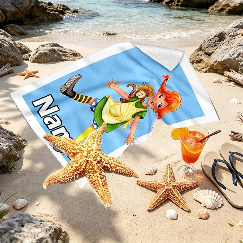 Custom Name Personalized Pippi Longstocking Print Beach Towel, for Trip Camping Beach Party Home Decor, Birthday Gift for Family & Friends