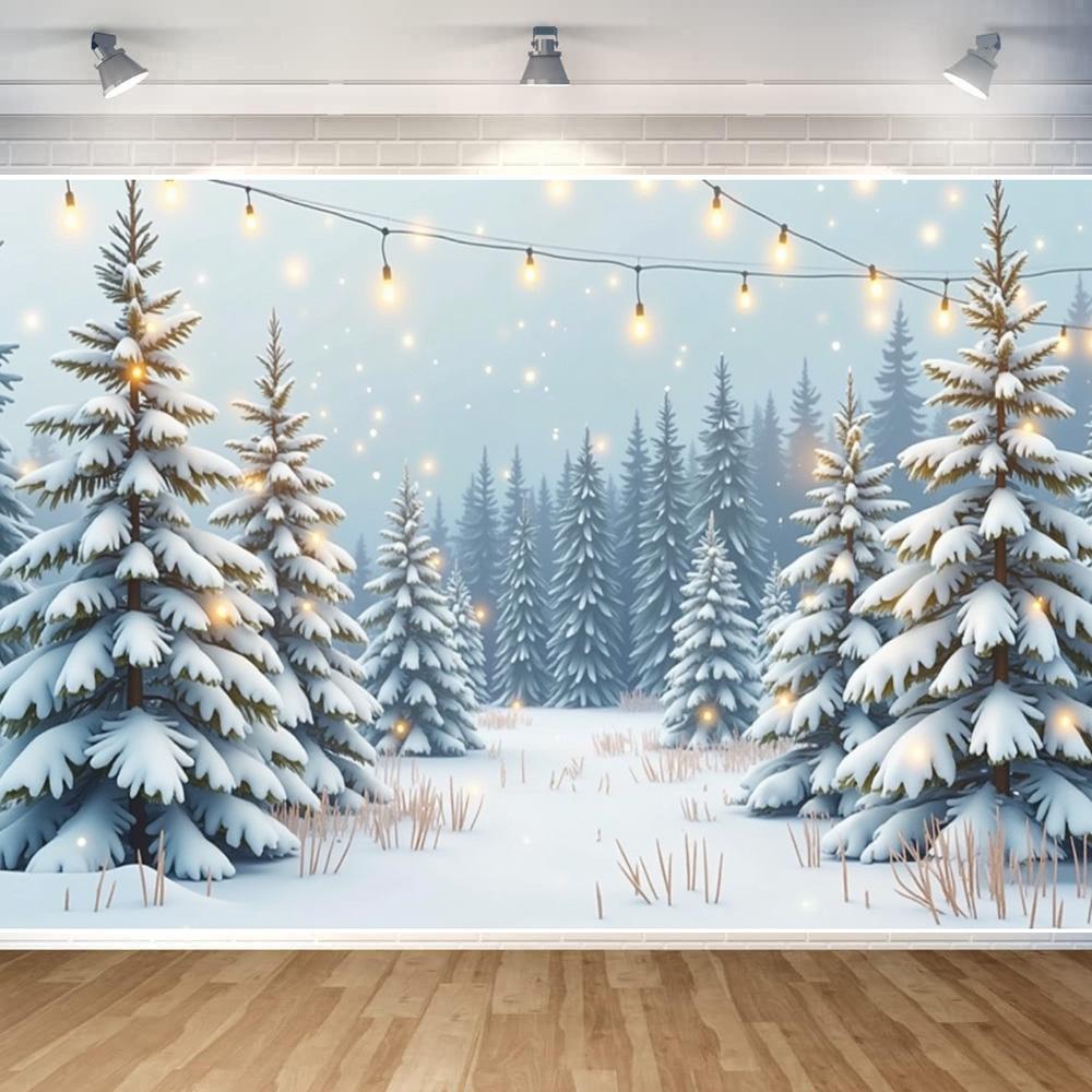 Snow-Covered Winter Banner Pine Tree Forest Backdrop String Lights Wintery Snowy Display for Winter Celebrations Christm
