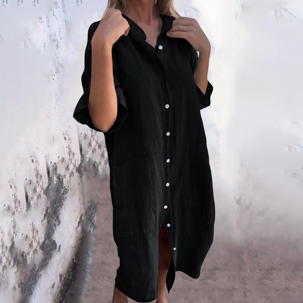 Women's Fashion Casual Button Cardigan Cotton And Linen Color Dress With Pockets