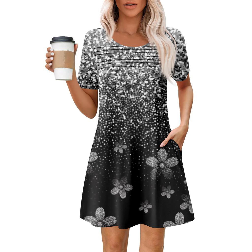 Женские летние повседневные платья с круглым вырезом, плиссированные, с карманами, с принтом, с коротким рукавом