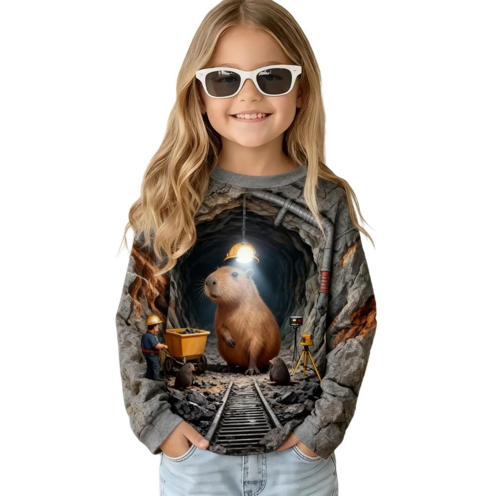 Spring and Autumn Round Neck Cartoon Capybara Pattern 3D Printed Top Fashionable Casual Long Sleeved Children's Girl T-shirts