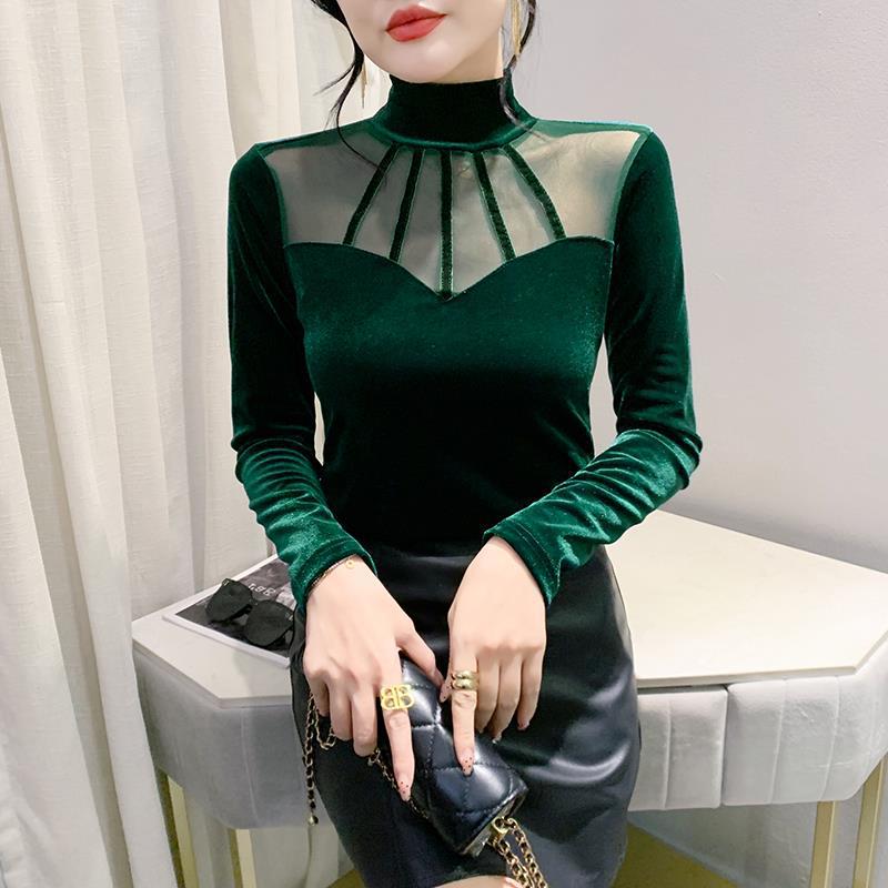 European Velvet Mesh Splicing Shirt - Women's Autumn/Winter Fashion Top