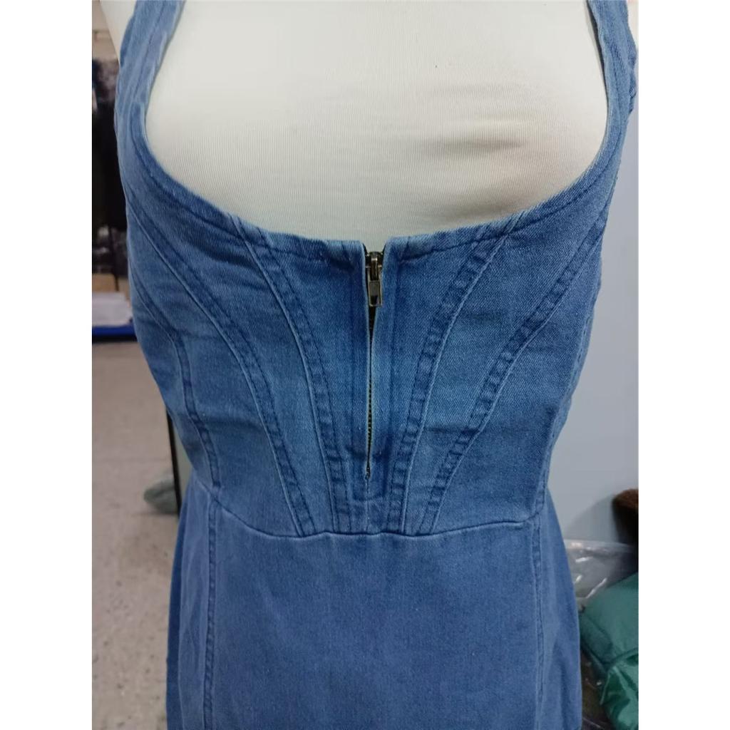 Women's Sleeveless U Neck Strap Distressed Casual Slim Fit Knee Length Denim Dress