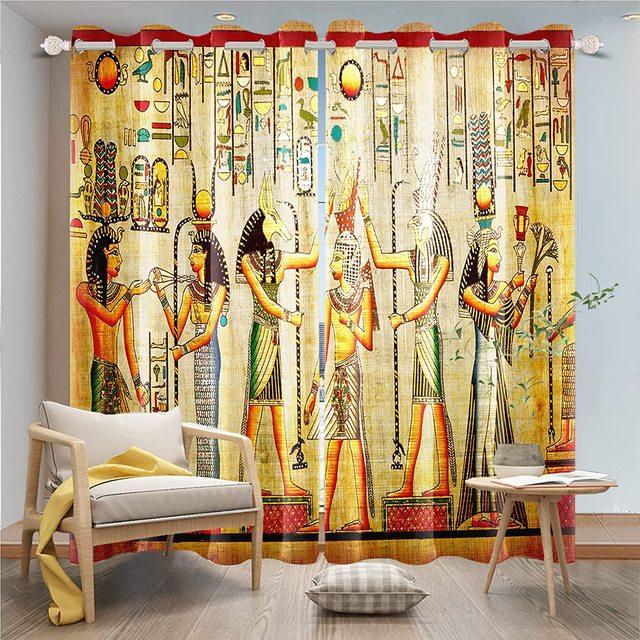 Египетские оконные шторы иероглифы на фресках в древнем египетском храме, затемненные занавески, винтажные шторы, домашний декор для спальни, 2 панели