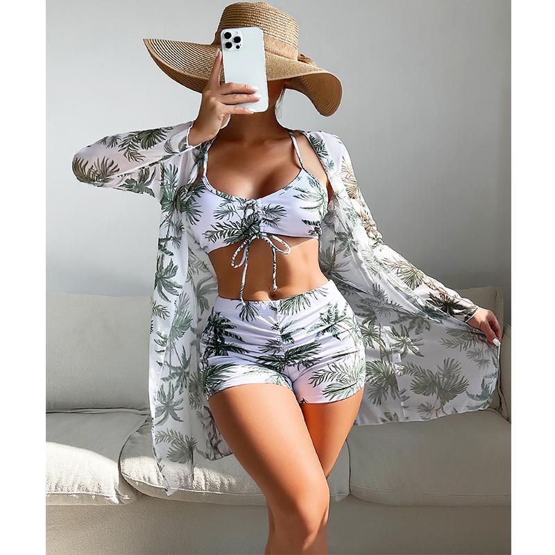 Women Swimsuit High Waist Bikini Set Three Pieces Women Sexy Long Sleeve Cover Up Swimsuit Beach Bathing Suits Swimwear