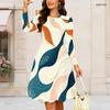 Women Plus Size Long Sleeve Round Neck Gathered Waist Printed A Line Dress