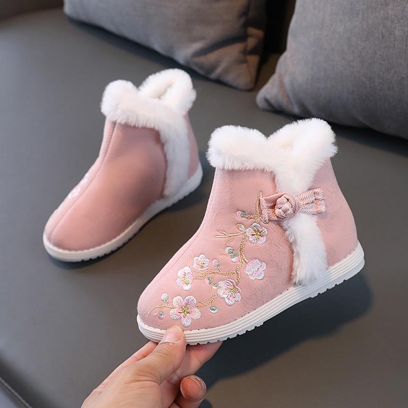 Зимние сапоги для девочек из бархата 2024 года — зимняя обувь в стиле ханьфу с вышивкой для детей