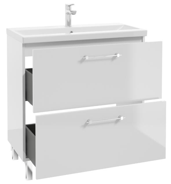 Zestaw Szafka łazienkowa z umywalką baterią i syfonem 80cm Stojąca biały połysk Cassandra