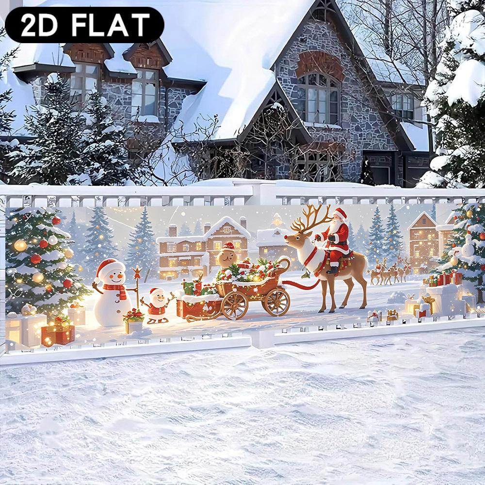 Merry Christmas Long Strip Fence Banner, Santa Snowman Reindeer Gingerbread Tree Ice Snow Village Gift Cart Design, Polyester Outdoor Decoration