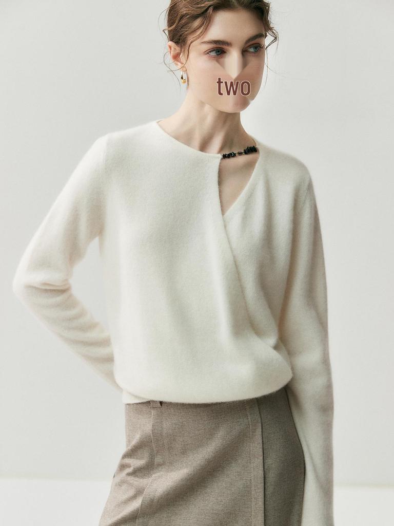 Женский кашемировый свитер французского дизайна с запахом - приятный к коже, вязаный трикотаж свободного кроя для осени и зимы.