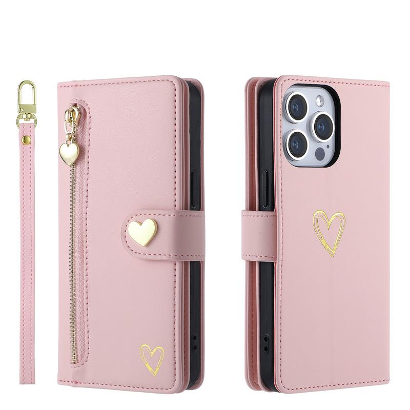 Applicable iPhone17ProMax Phone case with gold-embossed heart and zipper card slot17/16Flip cover with card slot15Wallet