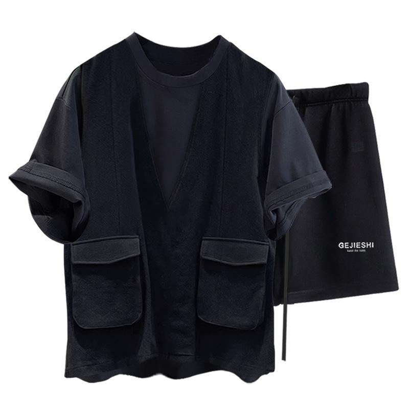 Unisex Workwear Faux Two-Piece Round Neck T-shirt & High-Grade Casual Shorts Set