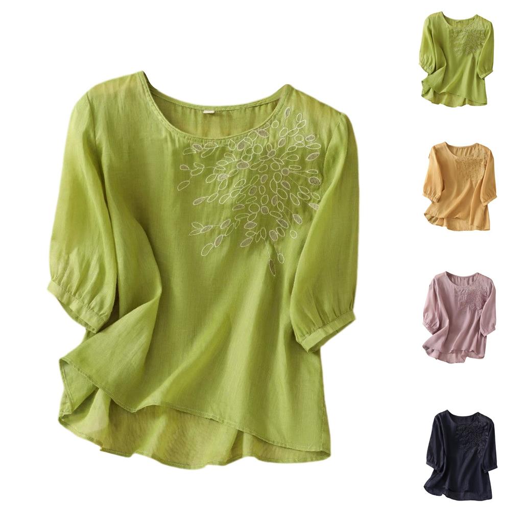 Women's Solid Color Cotton And Linen Short-sleeved Embroidered Retro Breathable T-shirt Round Neck Top