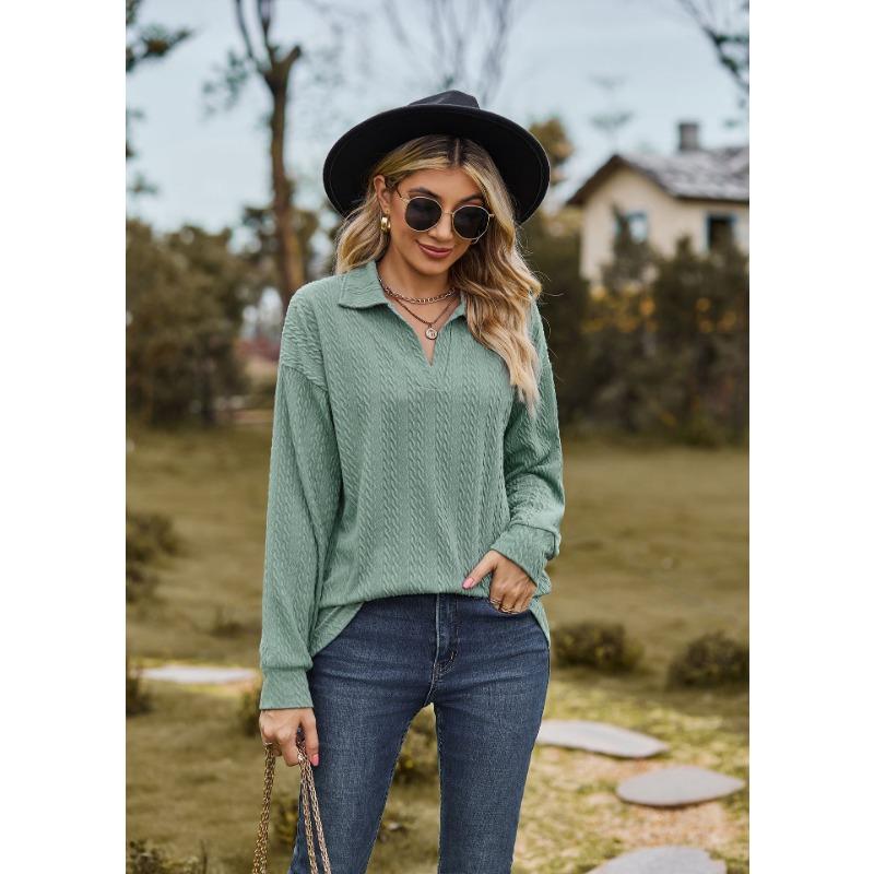Spring and Autumn Women's Blouse Solid Color Lapel Loose Sweatshirt Long Sleeve Top