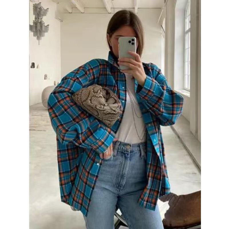 Винтажная свободная рубашка с лацканами, весенне-осенняя клетчатая женская рубашка с длинными рукавами и карманами