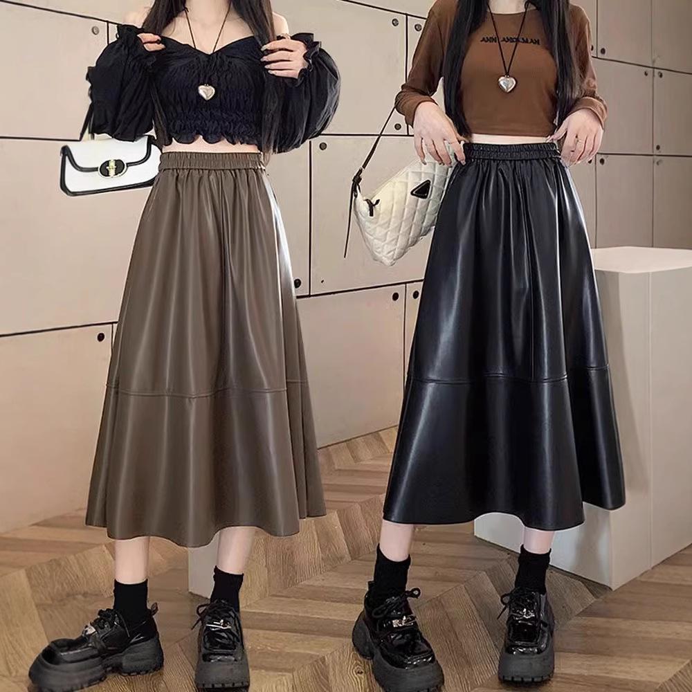 Women's Black PU Leather Midi Skirt with Elastic Waist - A-Line, Slimming, Full Circle Design for Autumn/Winter
