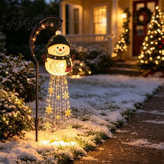 Festive Outdoor Scene Decor Solar Powered Christmas Garden Light, Metal Stake Automatic Charging Patio Lights Star Snowflake Waterfall String