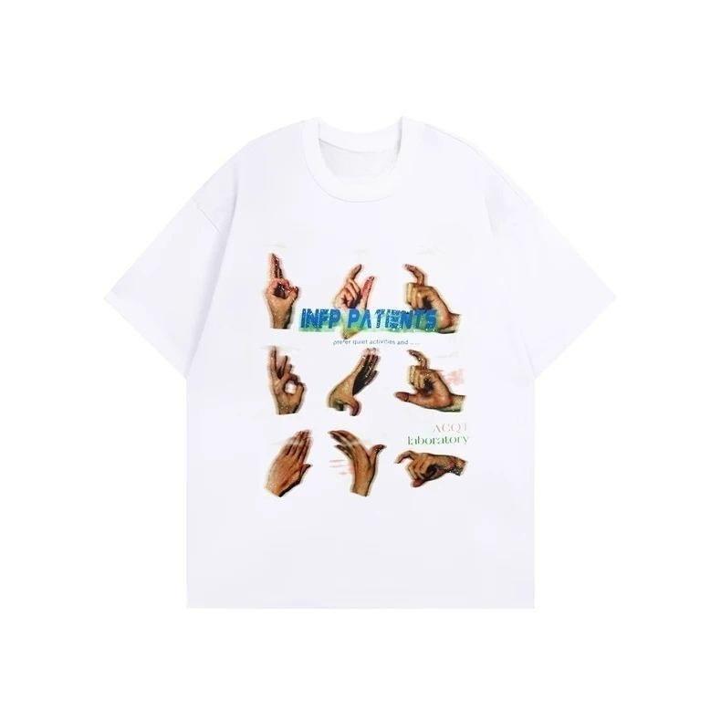 American Retro Funny Finger Printing Pure Cotton Men's and Women's Short-sleeved T-shirt Summer Loose Trend Top