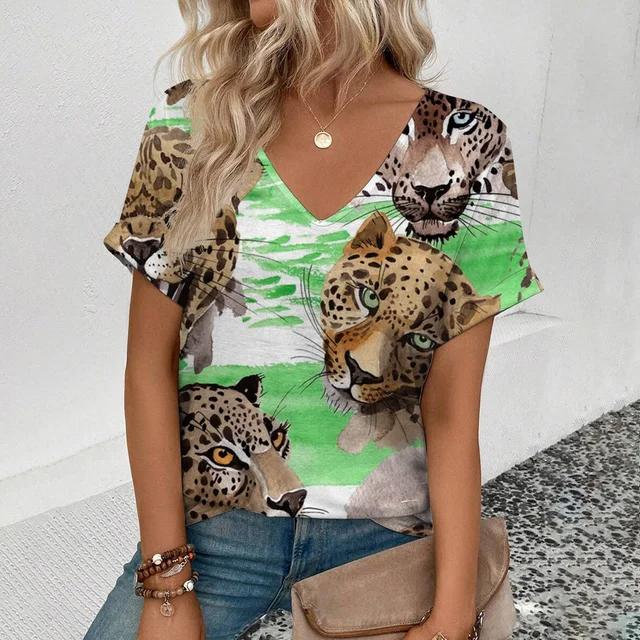 Summer Clothing V-neck Sexy Leopard 3D Print T-shirt Animal Pattern Women's Shirt Short Sleeve Street T-shirt