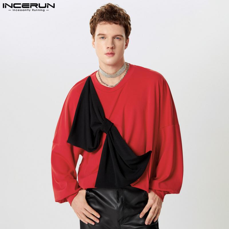 INCERUN Men Round Neck Big Bow Patchwork Long Sleeve Pullover Tops