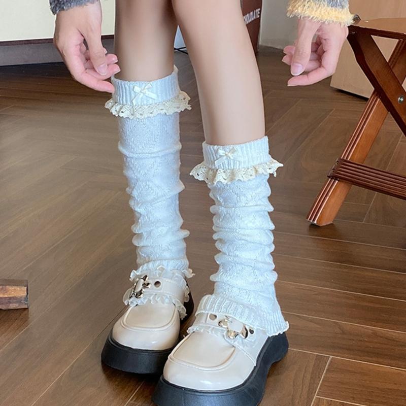 Women Fairycore Knitted Leg Warmers Calf Socks Japanese Sweet Bowknot Ruffled Lace Trim Leg Covers Boot Cuffs Stockings