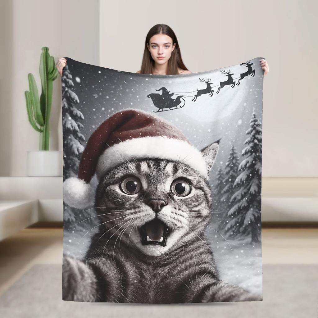 Cat Selfie with Santa Warm Blanket Girls Boys Plush Throw Blanket Fluffy Living Room Flannel Bedspread Sofa Bed Cover