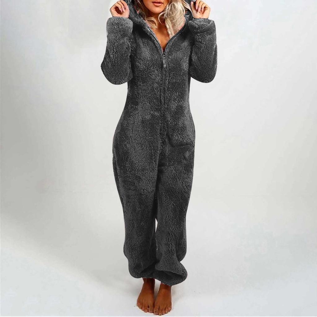 Women's Fashion Solid Colour Home Plush Warm Hooded Casual Pajamas Soft And Comfortable Jumpsuit