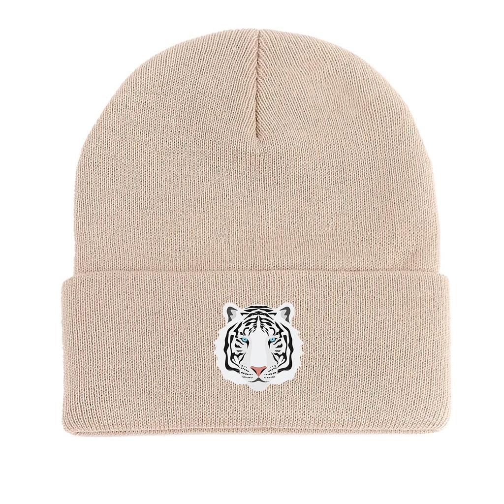 White Tiger Print Knit Hat Beanie, Animal Skull Cap Fit Autumn Simple Pompom Beanies Knitted Cap Beanie