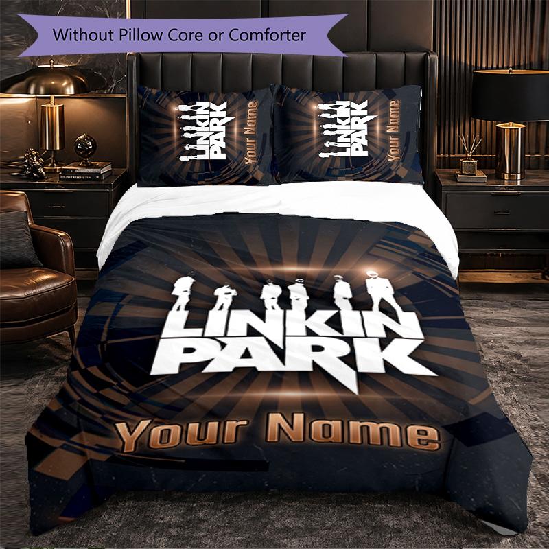 Linkin Park Customized Name Text Bedding Set, 1 Duvet Cover & 2 Pillowcases Personalized Bedroom Gift