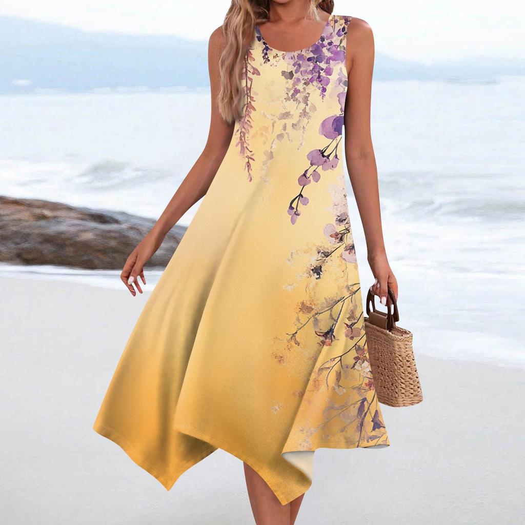 Женское повседневное модное платье средней длины с круглым вырезом без рукавов с винтажным цветочным принтом и неровным подолом