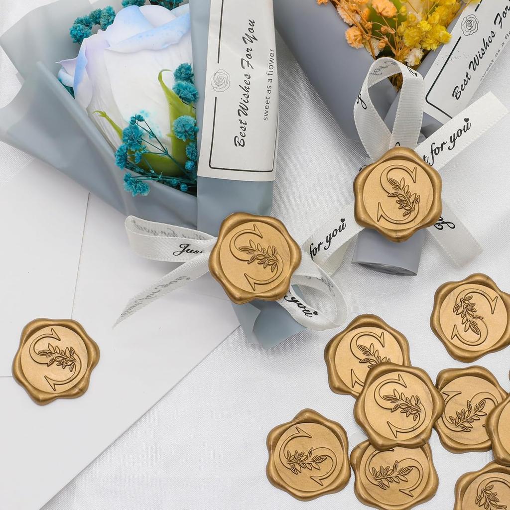 100 Pack Letter S Wax Seal Stickers - Antique Gold Botanical Leaves Initial Alphabet Self-Adhesive Wax Stickers for Wedding Part