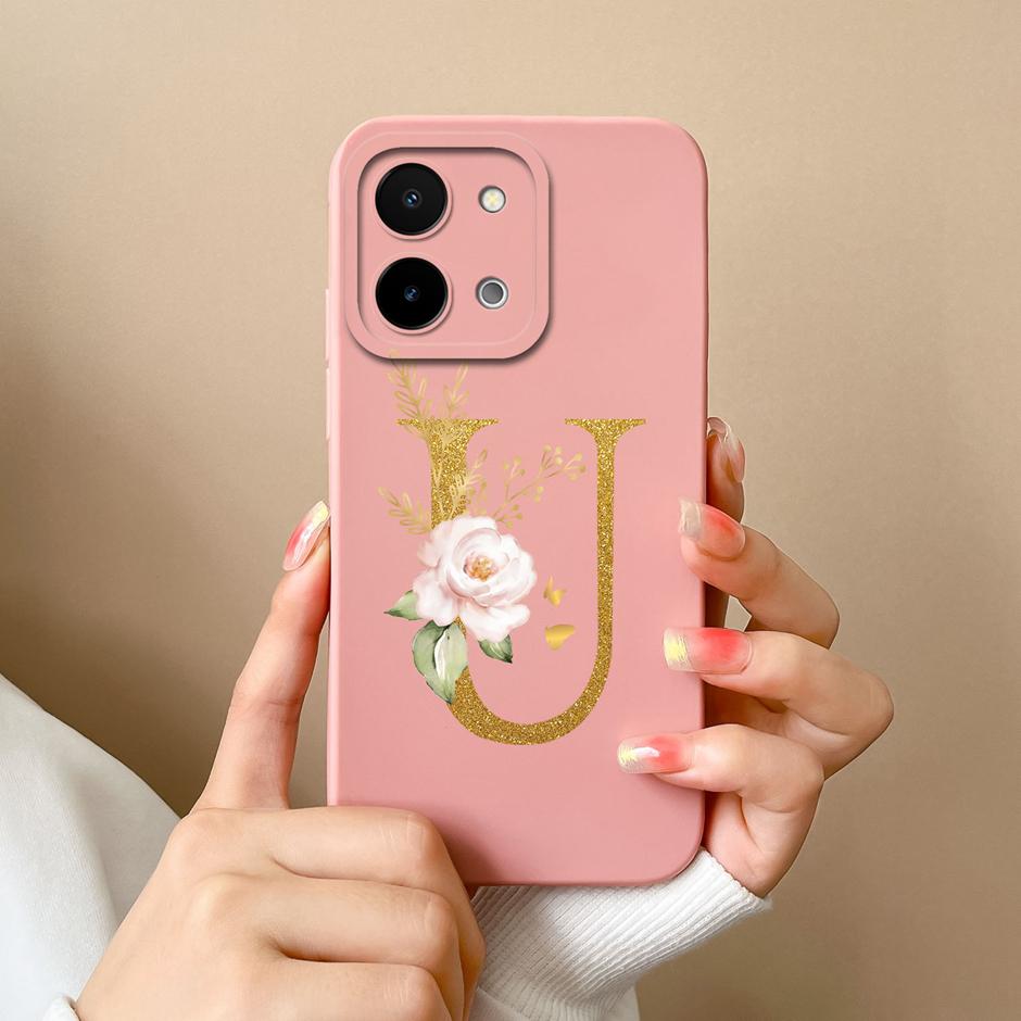 Чехол для Vivo Y28 4G 5G Цветочный рисунок 26 Букв Жидкий силикон ТПУ Задняя крышка для VivoY28 4G 5G Продвинутое ощущение Чехол для пары Оболочка