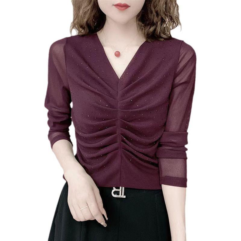 Spring and Autumn New V-neck Pleated Mesh Long-sleeved T-shirt Women's Tops Foreign Feminine Stretch Base Shirt