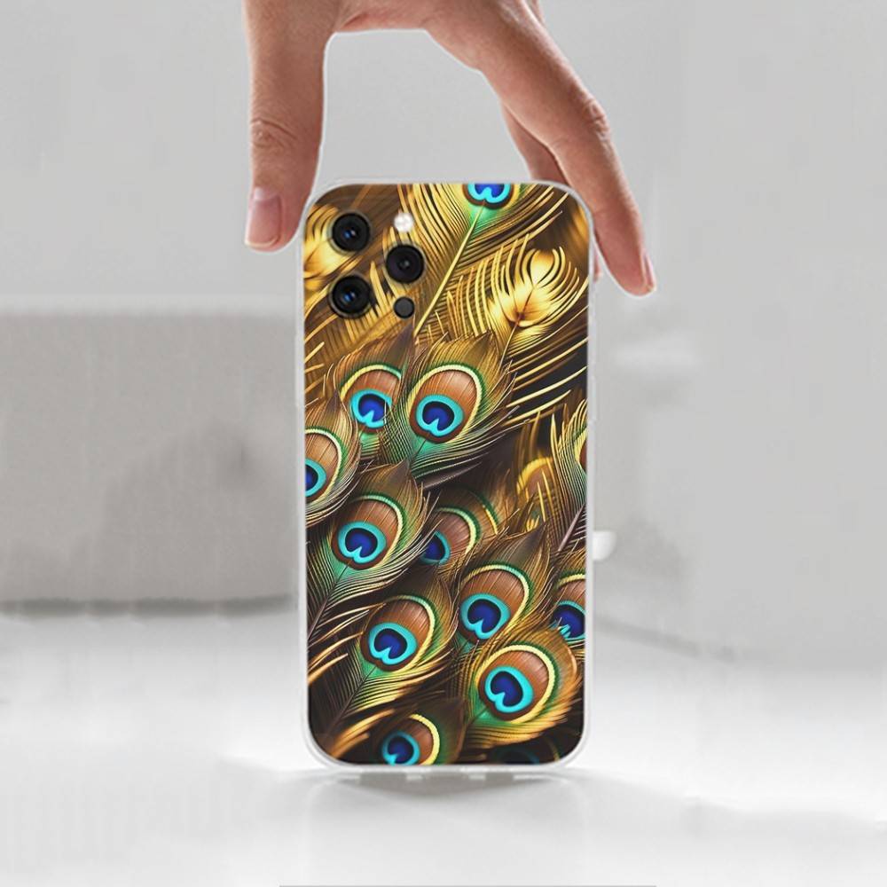 Peacock Feathers For iPhone 16,13,12,11,17,14,15,Pro,Max,Plus,X,XS,XR,SE,Mini Transparent Soft silicone Case