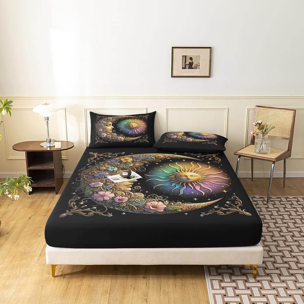 3pcs Art Nouveau Anthropomorphic Sun Moon Fitted Sheet Set,Rainbow Floral Bedding - Bedding for Bedroom Guest Room And Dorm Room