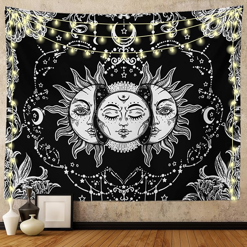 Ftuency Sun and Moon Tapestry, Black and White Tapestries Mystic Burning Sun with Star Wall Hanging decor for Bedroom (59" W x 51" L)