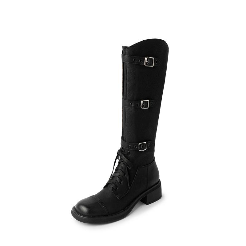 Long Boots Women'S Catwalk Knight Boots Autumn Square Head Thick Heel High Tube Retro Belt Buckle Lace-Up Boots