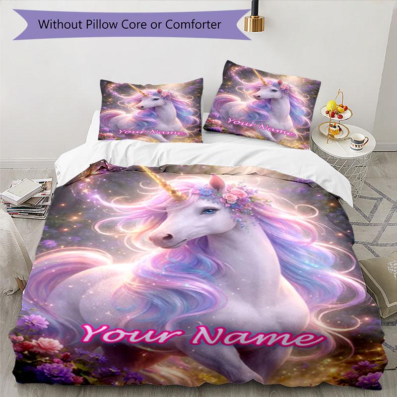 3pcs Custom Name Magical Unicorn Fantasy Bedding Set Printed Bedding Set Duvet Cover Closure Includes 1 Duvet Cover & 2 Pillowcases Bedroom Decor