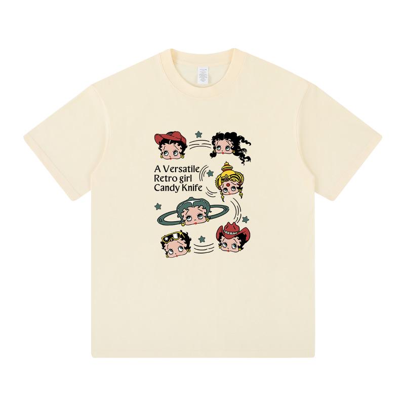 Женская летняя хлопковая футболка свободного кроя с круглым вырезом и мультяшным принтом, 2024