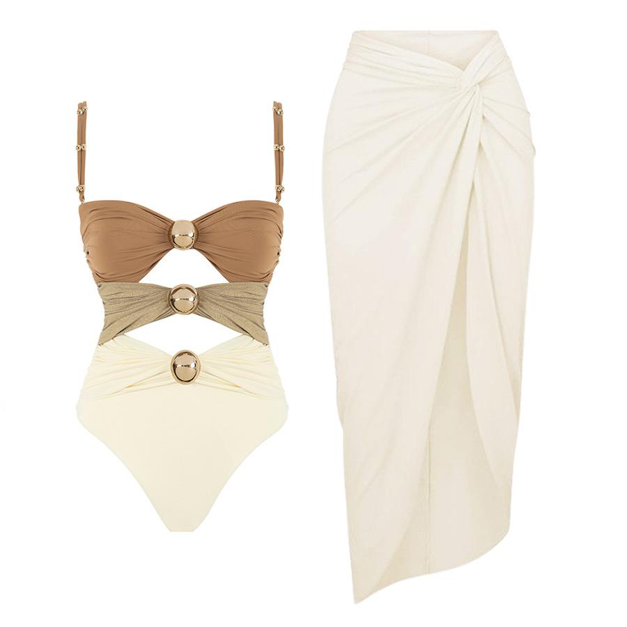 1011 European and American new gold round buckle decorative three-color hollow splicing one-piece swimsuit women's suit