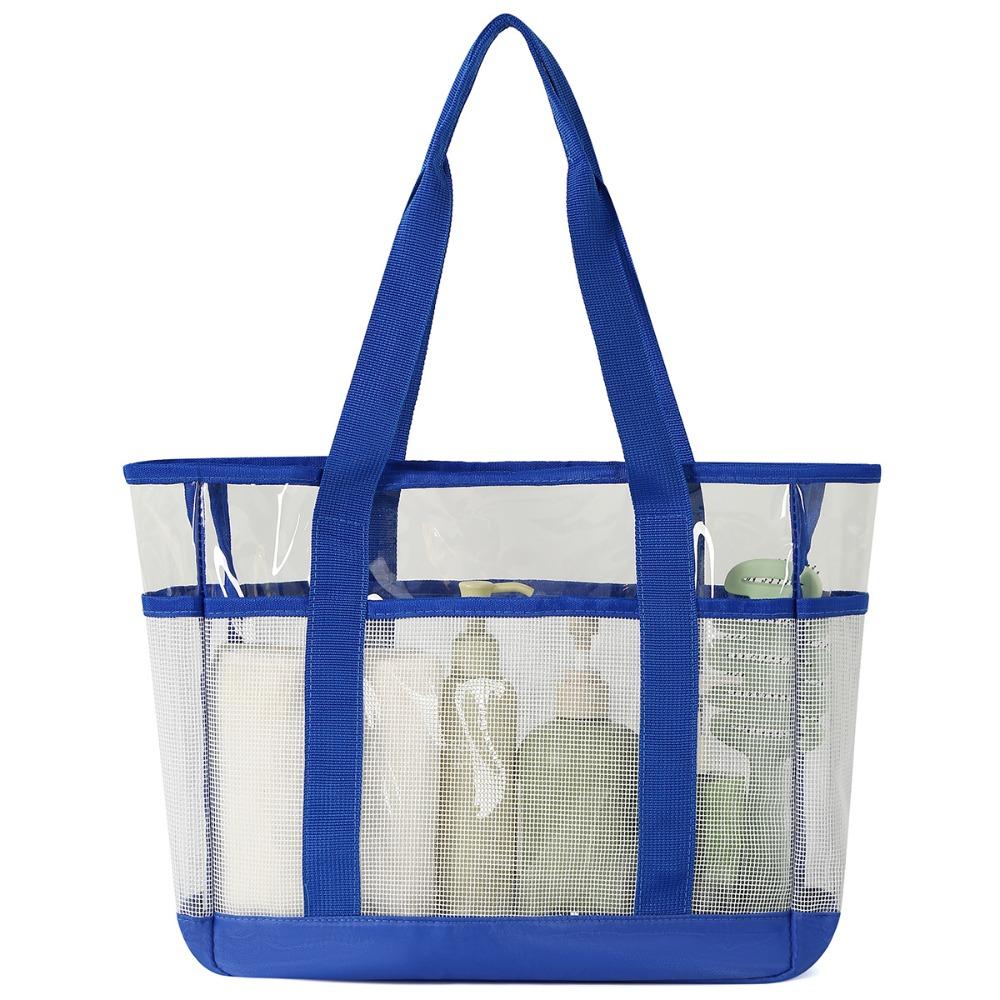 Mesh Panel Clear Beach Tote Bag Shoulder Straps Multi-Layers PVC Beach Carrying Bag Reinforced Base Large Capacity