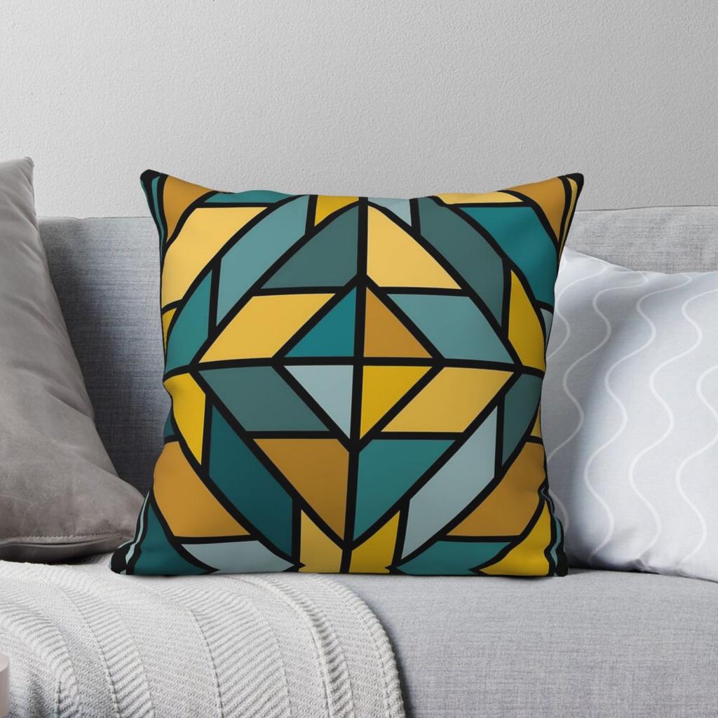 Geometric Tiles Mustard Yellow Teal Square Pillowcase Polyester Linen Velvet Pattern Zip Decorative Sofa Cushion Cover