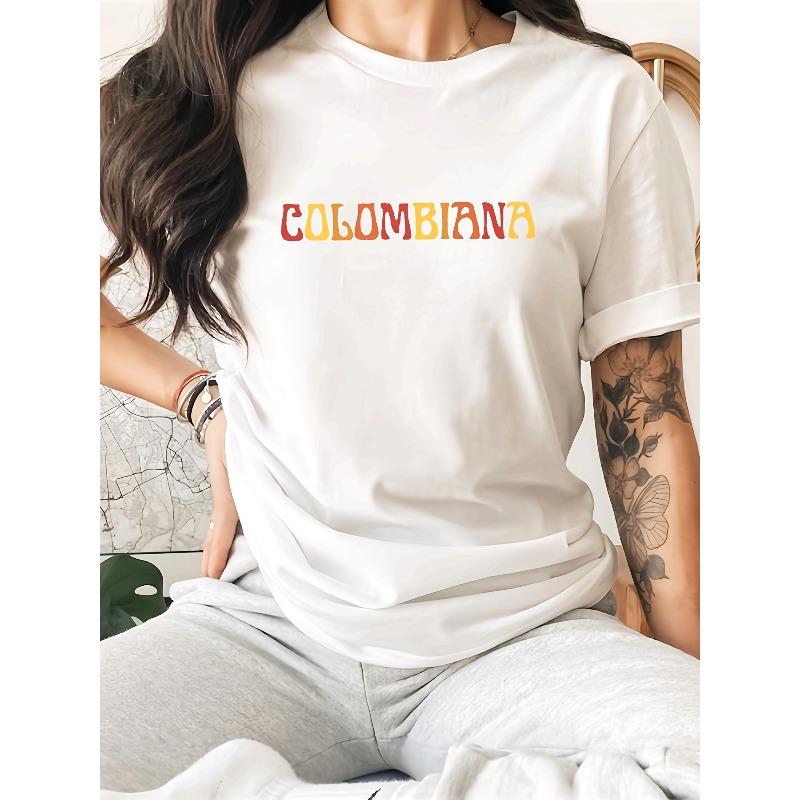 Женская футболка "COLOMBIANA" с принтом букв, Повседневный топ с круглым вырезом и короткими рукавами, Спортивная футболка для весны и лета, Удобная ткань, Свободный крой