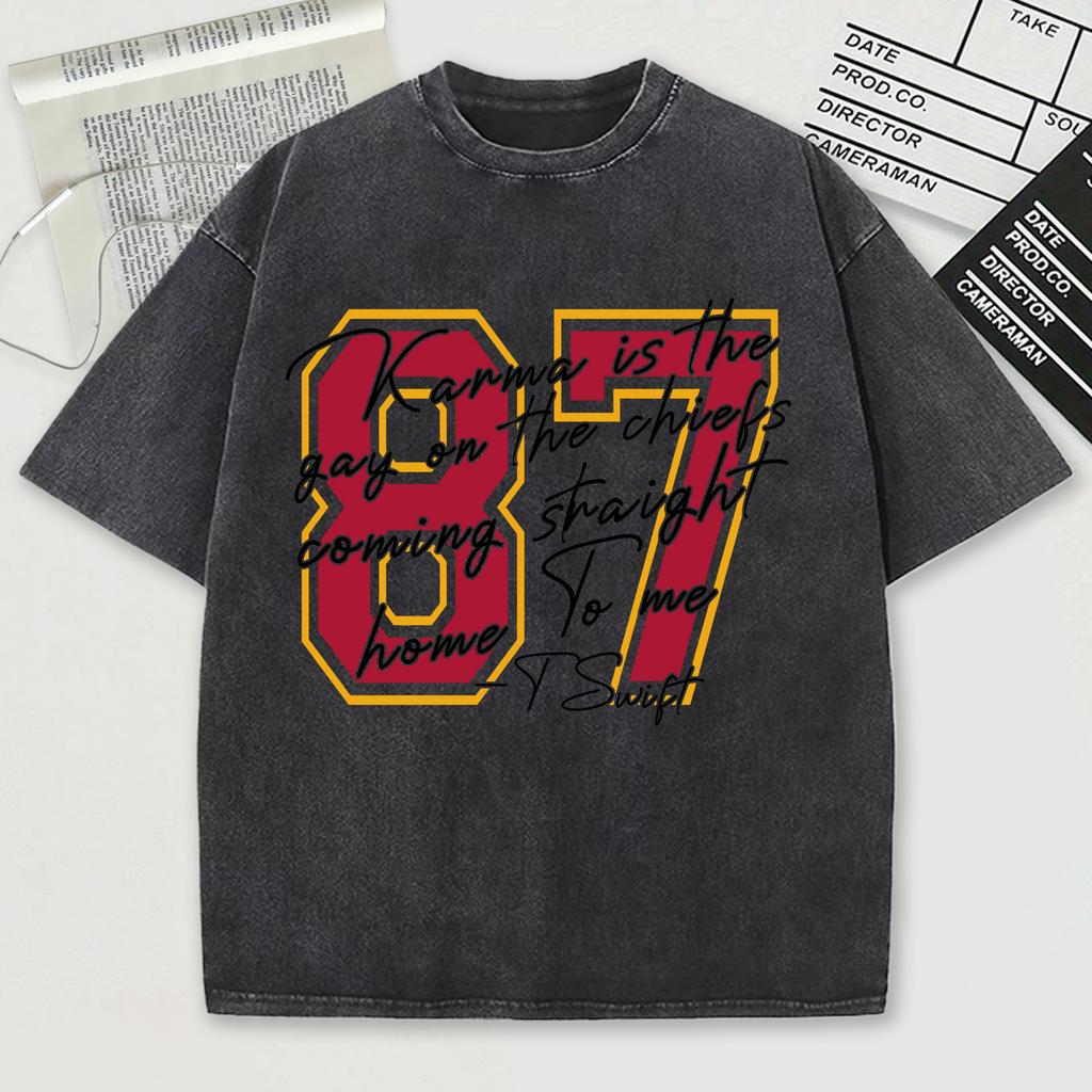 Красная футболка с принтом номера 87, выстиранная, мужская, свободная, мягкая, удобная, хлопковая, с коротким рукавом, унисекс, с круглым вырезом, уличная одежда